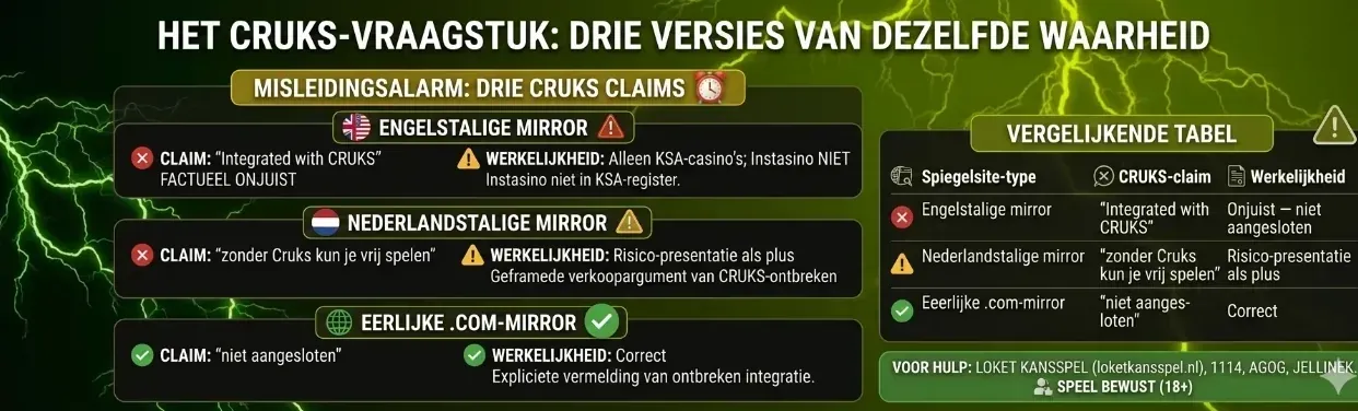 Het CRUKS-misleidingsalarm bij Instasino spiegelsites met drie versies van claims uitgelegd